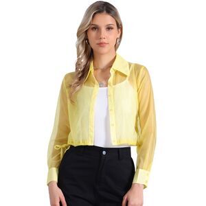See Through Top Long Sleeve Cropped Mesh Sheer Jacket Light Yellow